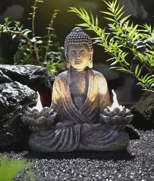 Zonne-energie Lotus Boeddha Beeld met LED Verlichting - Decoratie voor Tuin, Patio & Yoga