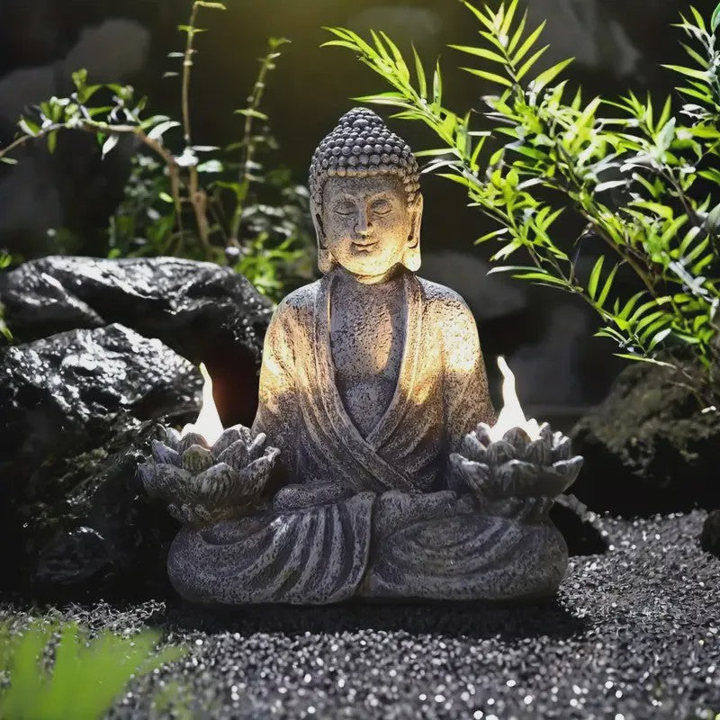 Zonne-energie Lotus Boeddha Beeld met LED Verlichting - Decoratie voor Tuin, Patio & Yoga