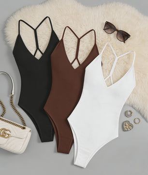 3-Pack Dames Bodysuit met V-hals en Gekruiste Bandjes op de Rug