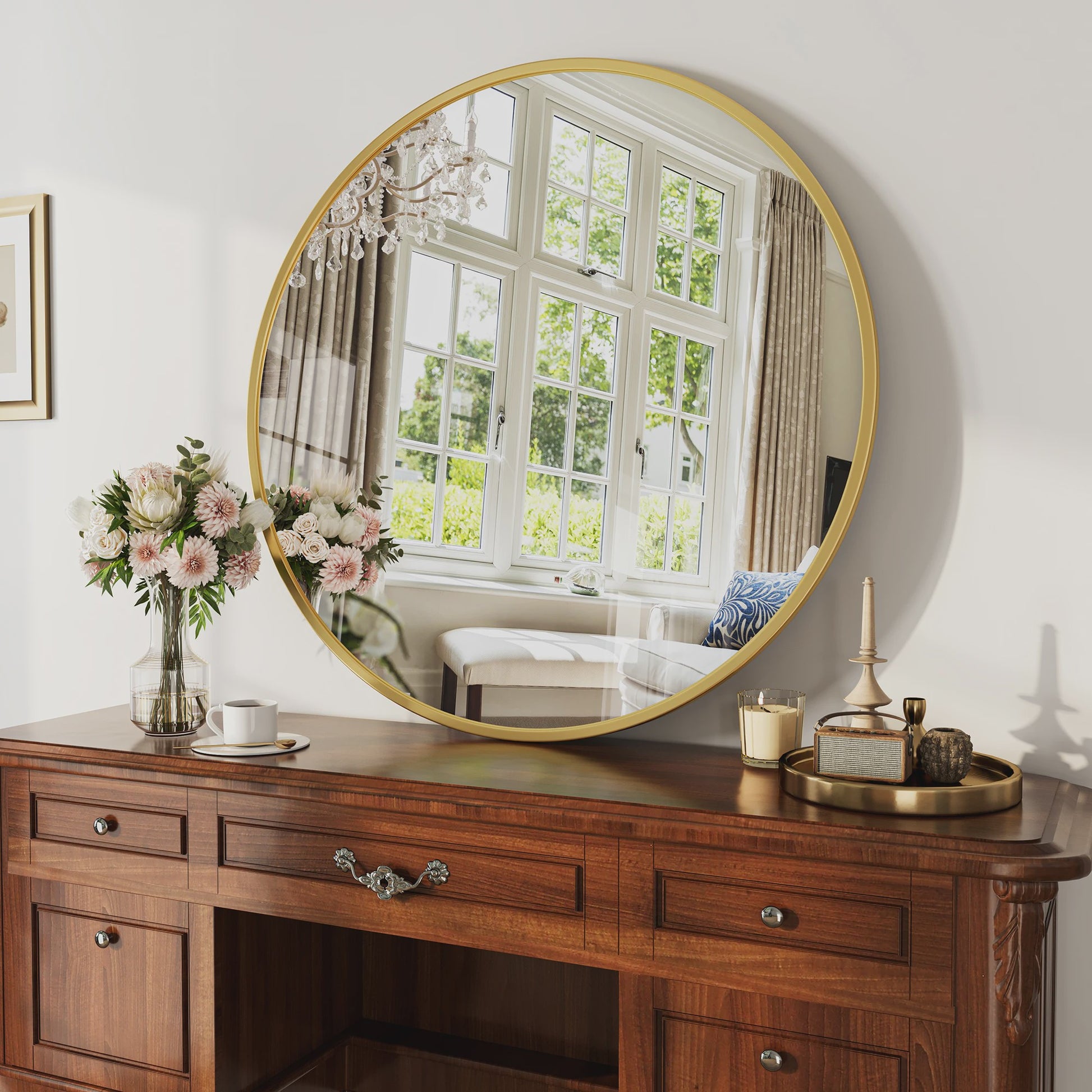 Anajqaqia Ronde Wandspiegel 75 cm - Goudkleurig Aluminium Frame, Veiligheidsglas