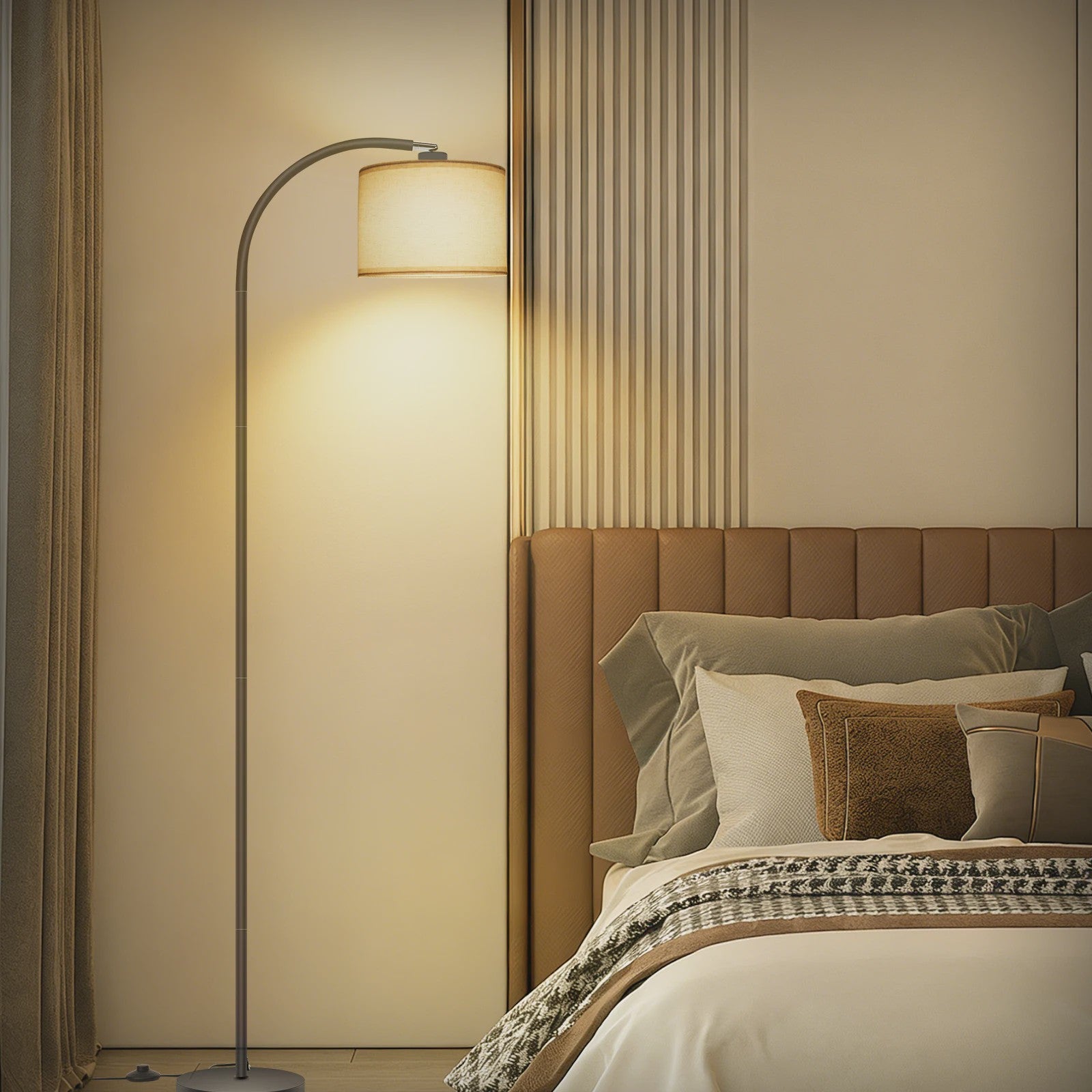 Moderne Boog Vloerlamp 170cm met Linnen Lampenkap, Voetschakelaar & LED E27 Bulb