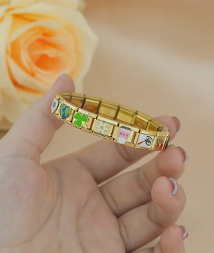 Hapiship Gouden Bedelarmband RVS - Bloemen, Hart, Aarde, Kers & Koffie Bedels
