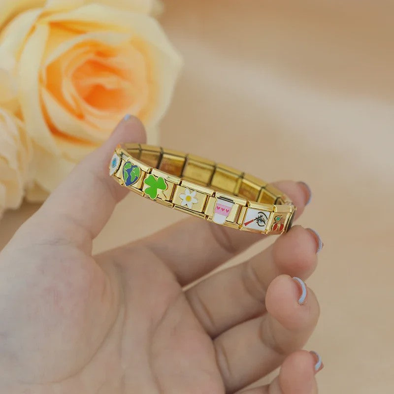 Hapiship Gouden Bedelarmband RVS - Bloemen, Hart, Aarde, Kers & Koffie Bedels