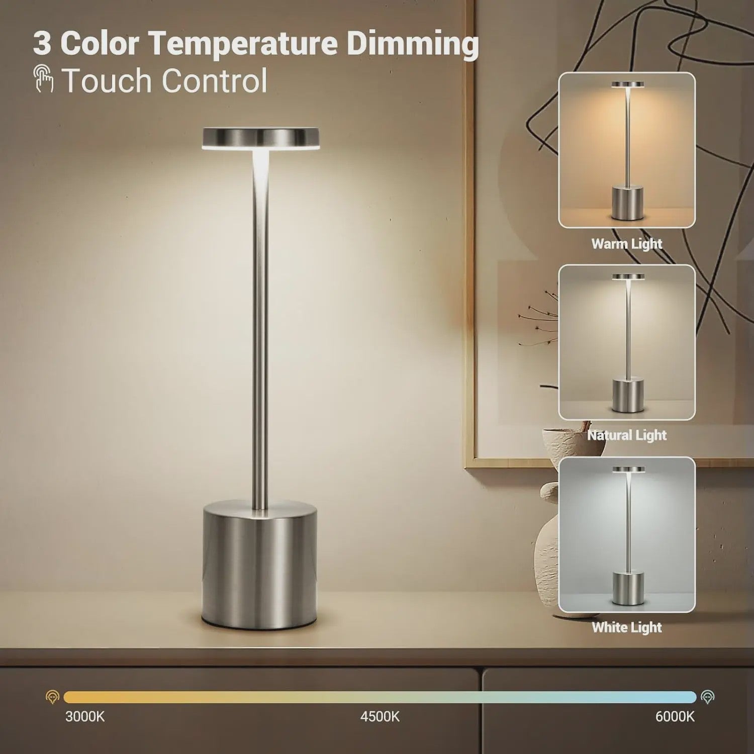 Draadloze LED Tafellamp met Touch Bediening - Oplaadbaar, 3 Kleuren, Dimbaar - Sfeerverlichting