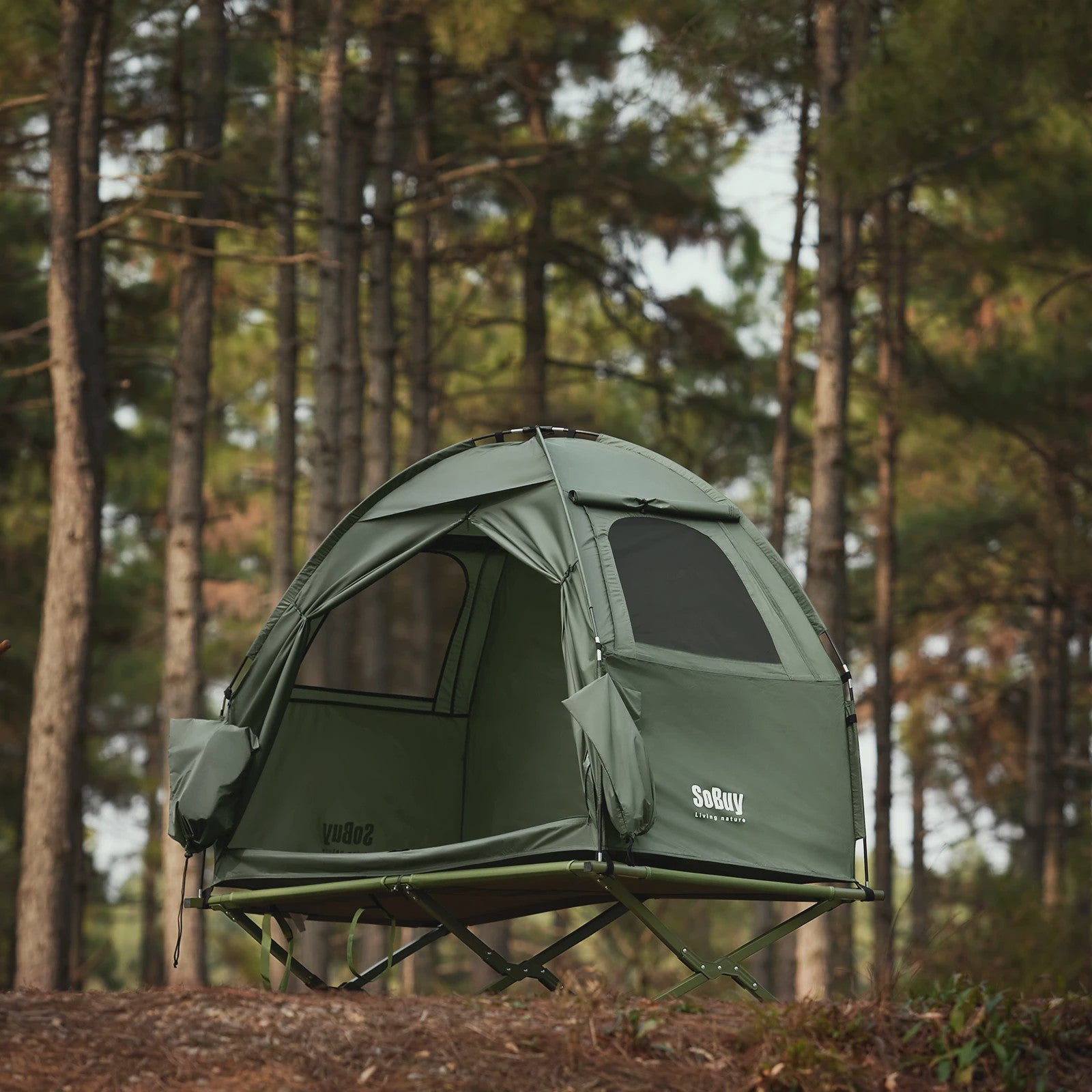 SoBuy 3-in-1 Camping Tent voor 1 Persoon - Groen met Lamp- en Schoenenopslag