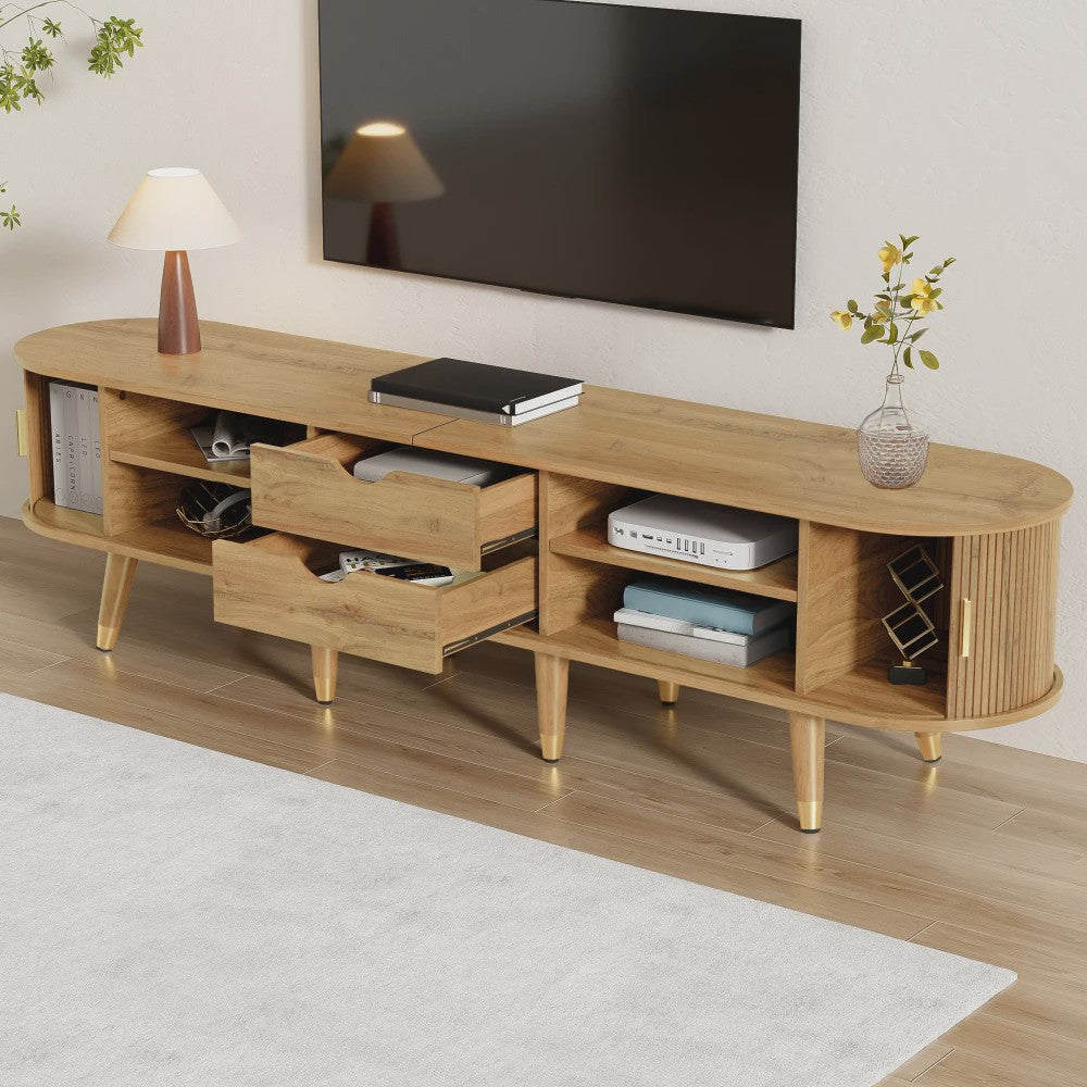 Modern TV Meubel met Rotan Deur en Veel Opbergruimte - Landelijke Stijl