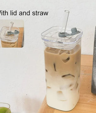Vierkante Glazen Koffiebeker met Deksel en Rietje - Hittebestendig & Transparant