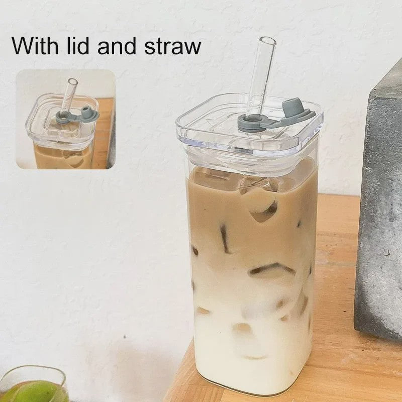 Vierkante Glazen Koffiebeker met Deksel en Rietje - Hittebestendig & Transparant