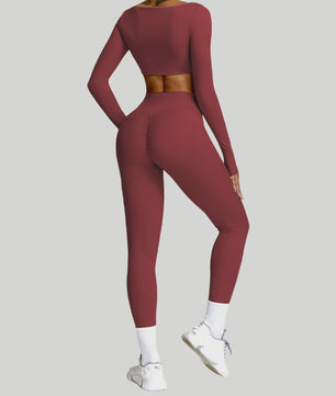 Dames Yoga Set 2-Delig: Sneldrogend Sportpak met Lange Mouwen Top en Hoge Taille Shorts