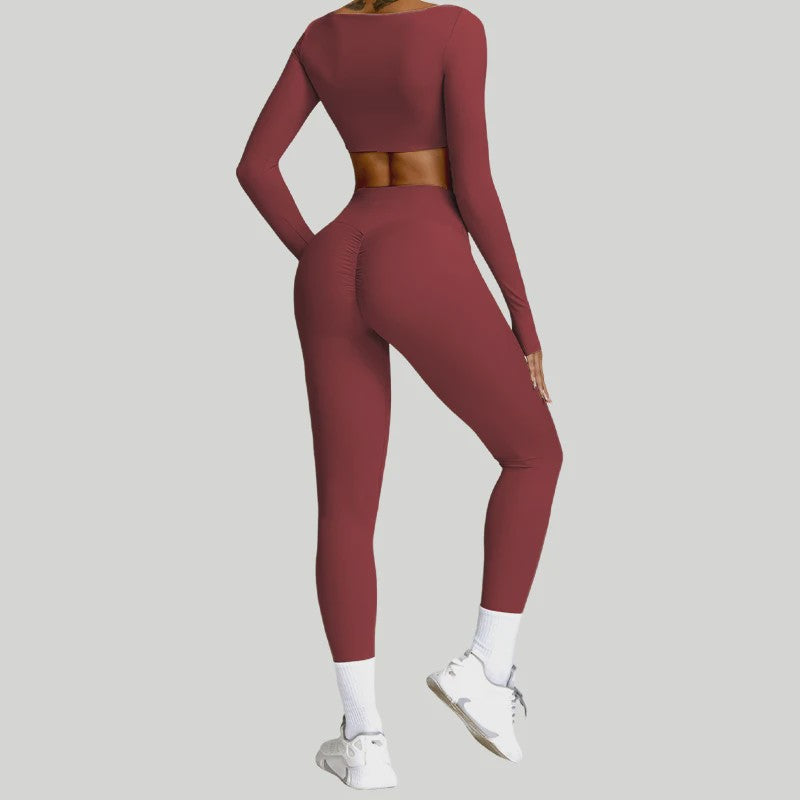 Dames Yoga Set 2-Delig: Sneldrogend Sportpak met Lange Mouwen Top en Hoge Taille Shorts