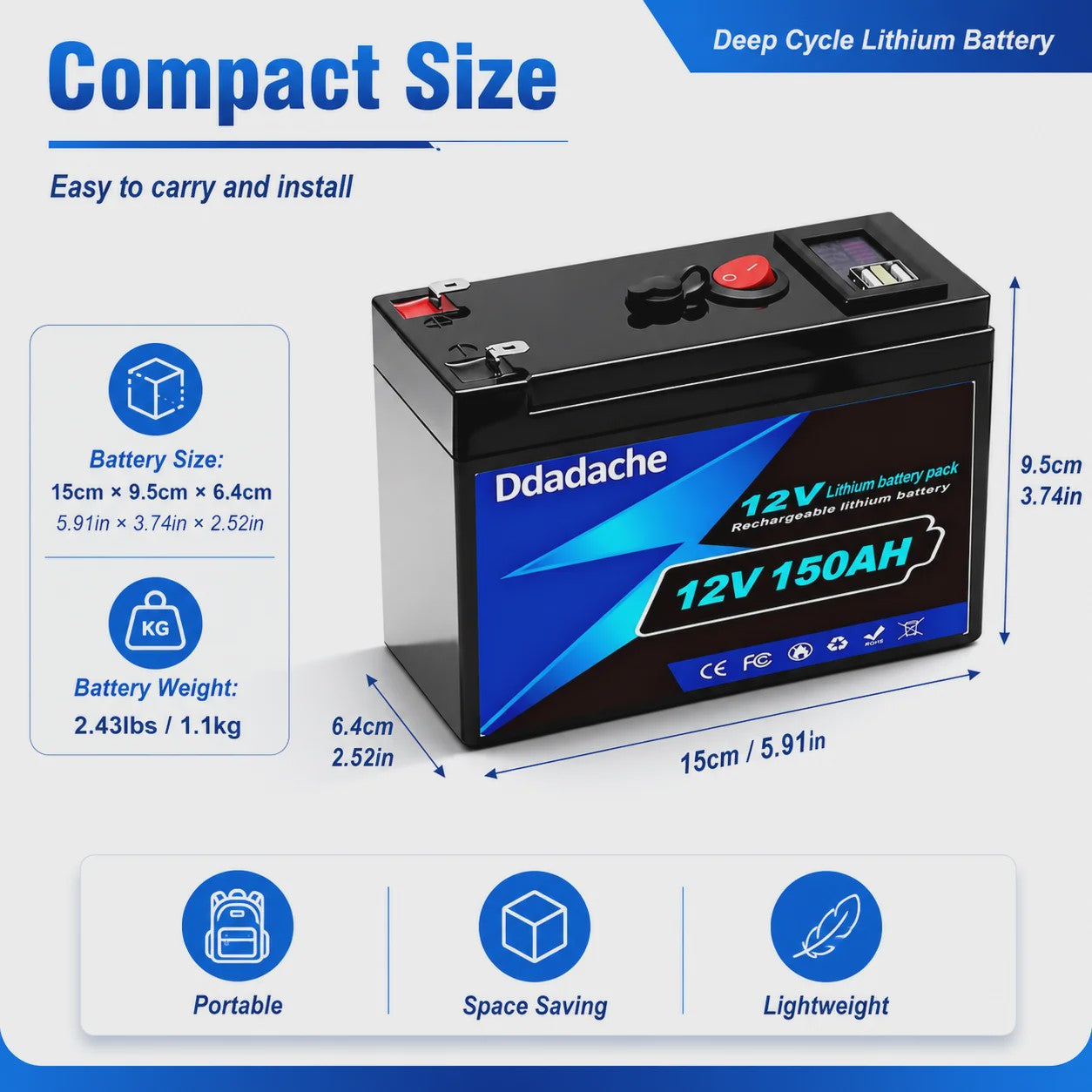 12V 150Ah LiFePO4 Accu - 1920Wh Deep Cycle Lithium Batterij met BMS