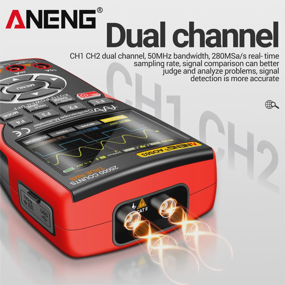 ANENG AOS03 Digitale Oscilloscope Multimeter met Signaalgenerator - 50MHz Dual Channel Tester