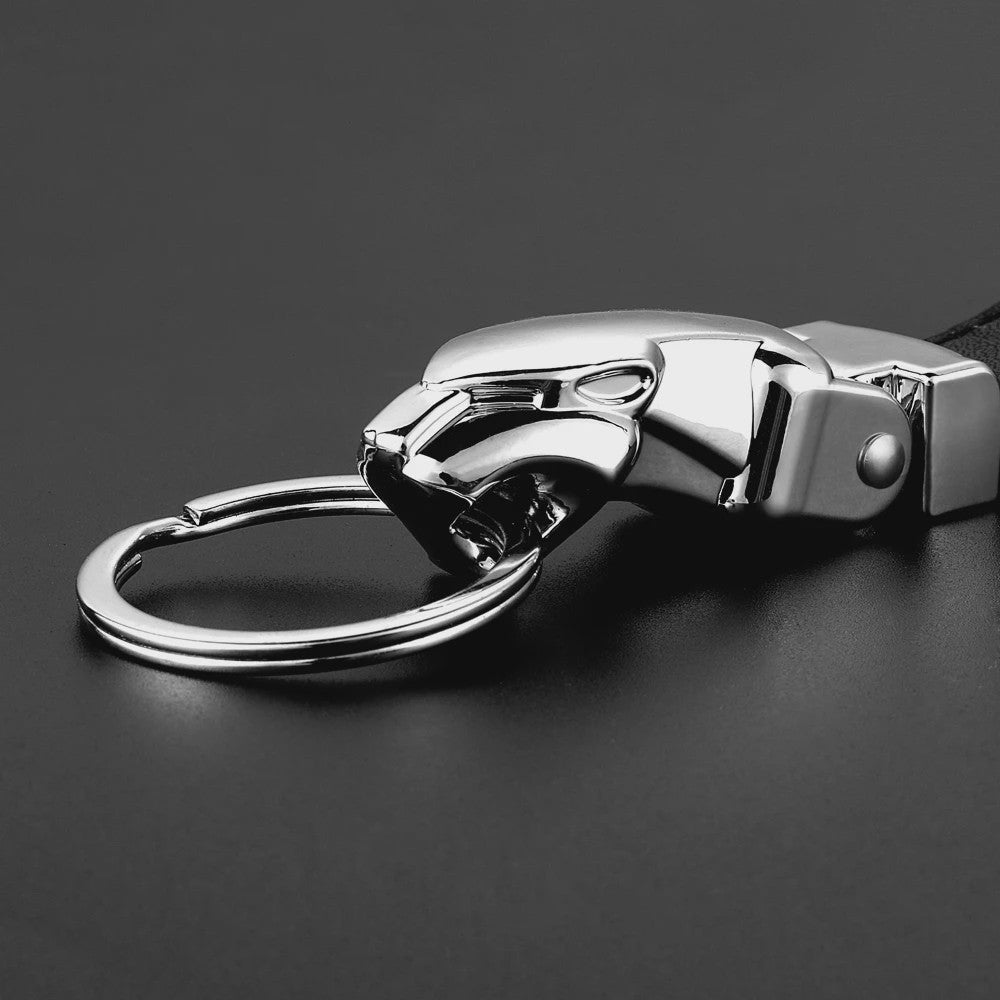 Luxe Leopard Hoofd Sleutelhanger - Echt Leer & Metaal - Jaguar Accessoire