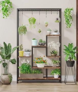 Hoge Plantenstandaard 180cm met 5 Treden en 10 Ophanghaken - Metaal & Hout