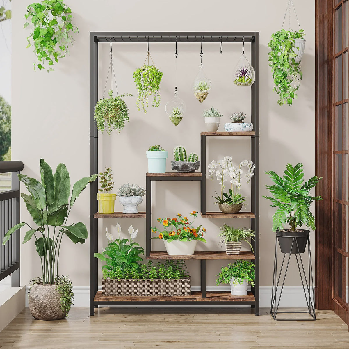 Hoge Plantenstandaard 180cm met 5 Treden en 10 Ophanghaken - Metaal & Hout