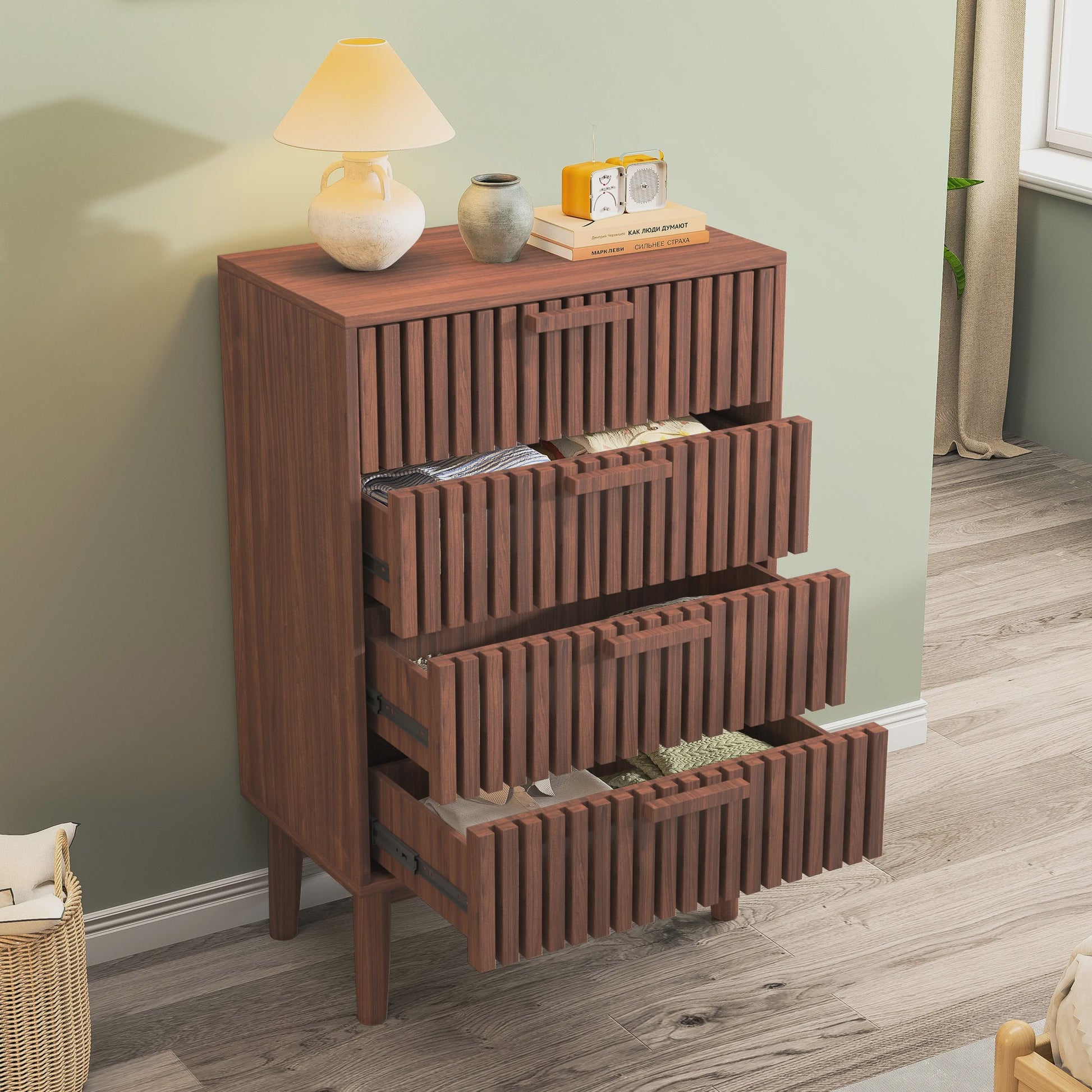 Anajqaqia Commode met 4 Lades - Stijlvolle Houten Opbergkast in Walnootkleur