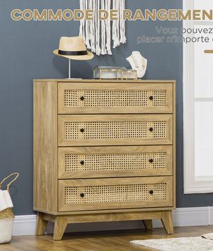 HOMCOM Commode met 4 Lades en Rotan Fronten - 80x35x95 cm - Licht Hout