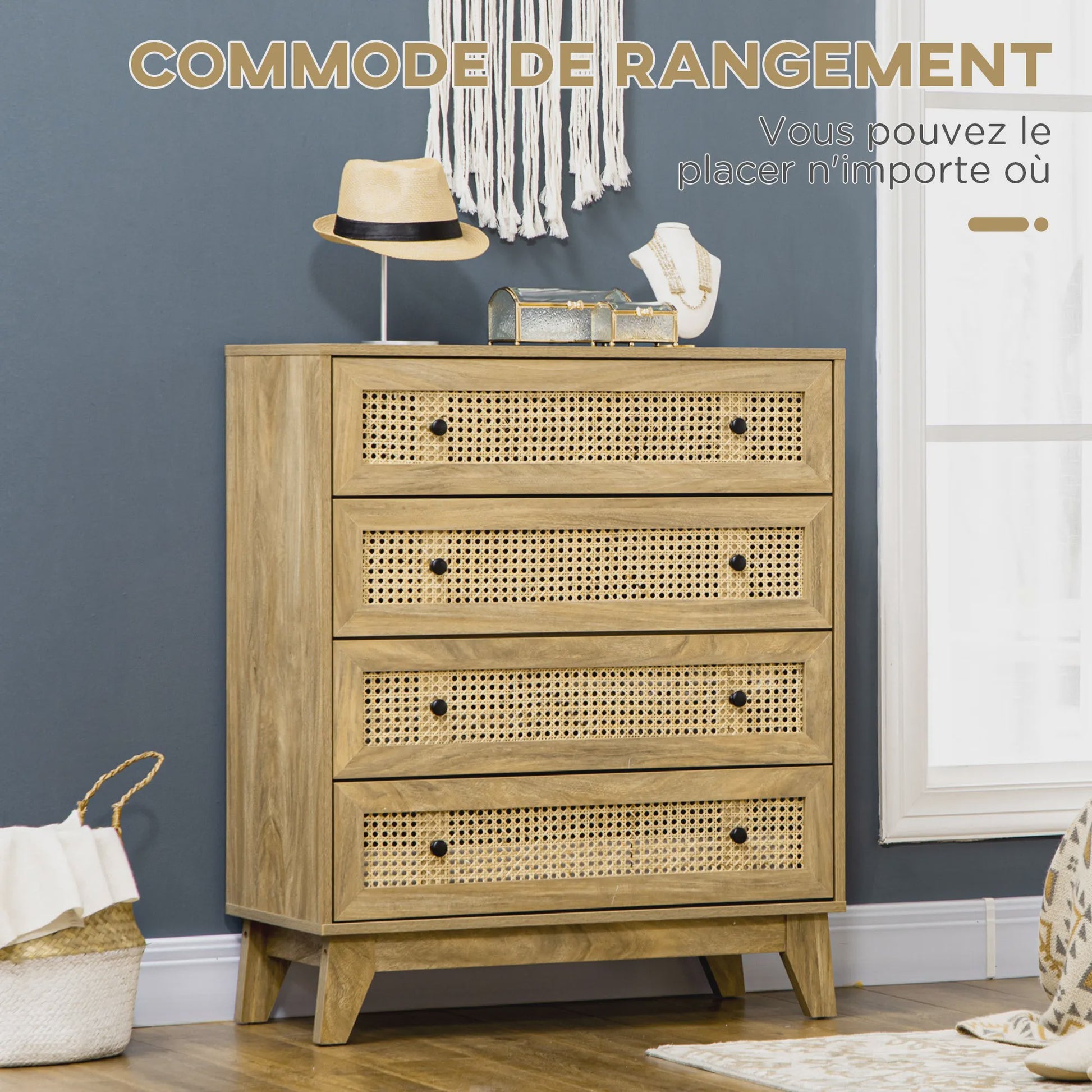 HOMCOM Commode met 4 Lades en Rotan Fronten - 80x35x95 cm - Licht Hout