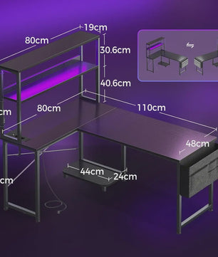 Coleshome L-vormig Gaming Bureau met LED, Stopcontacten & Opbergvak - 110x80cm - Zwart