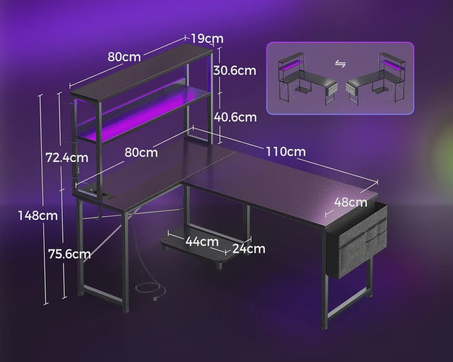 Coleshome L-vormig Gaming Bureau met LED, Stopcontacten & Opbergvak - 110x80cm - Zwart