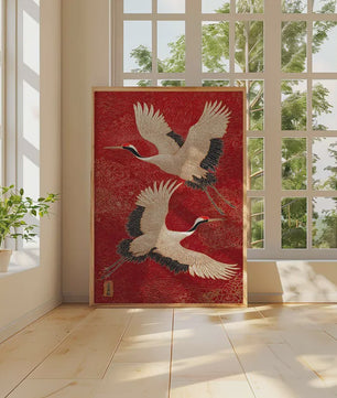 Japanse Kraanvogel Wanddecoratie - Rode en Gouden Oosterse Vogelprint
