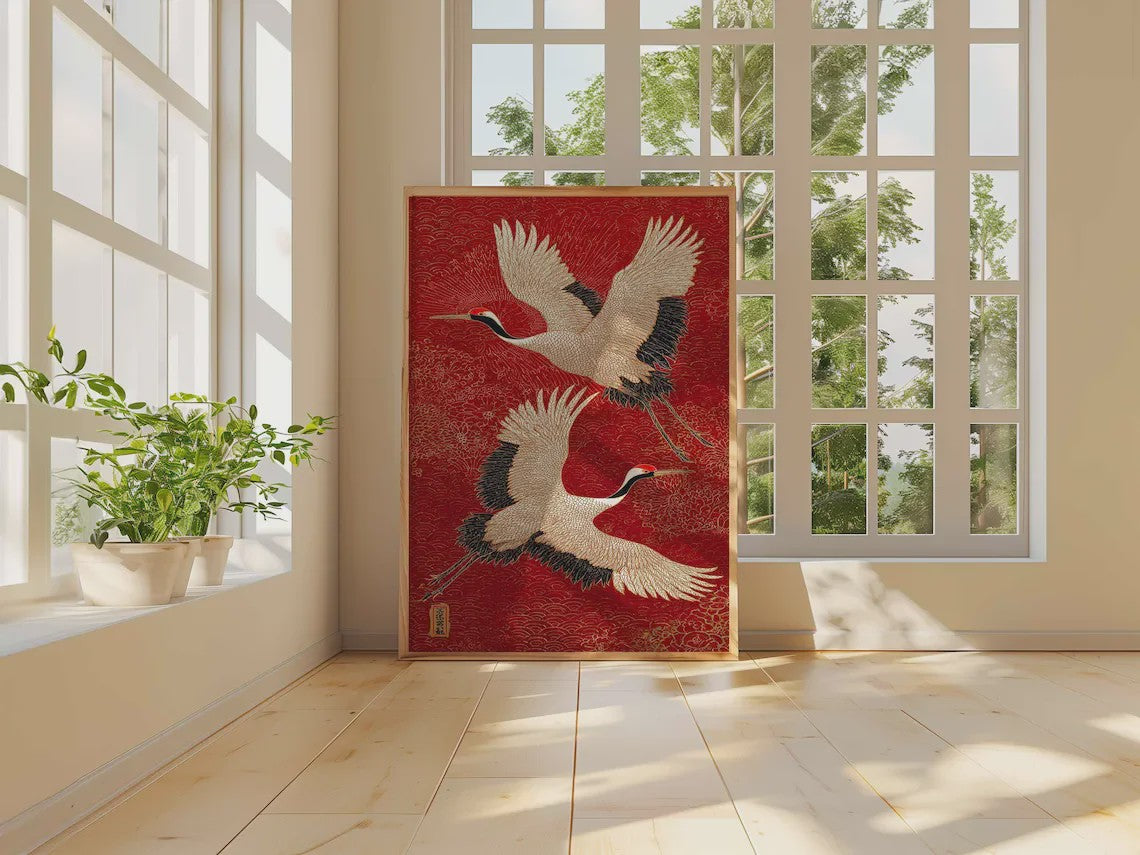 Japanse Kraanvogel Wanddecoratie - Rode en Gouden Oosterse Vogelprint