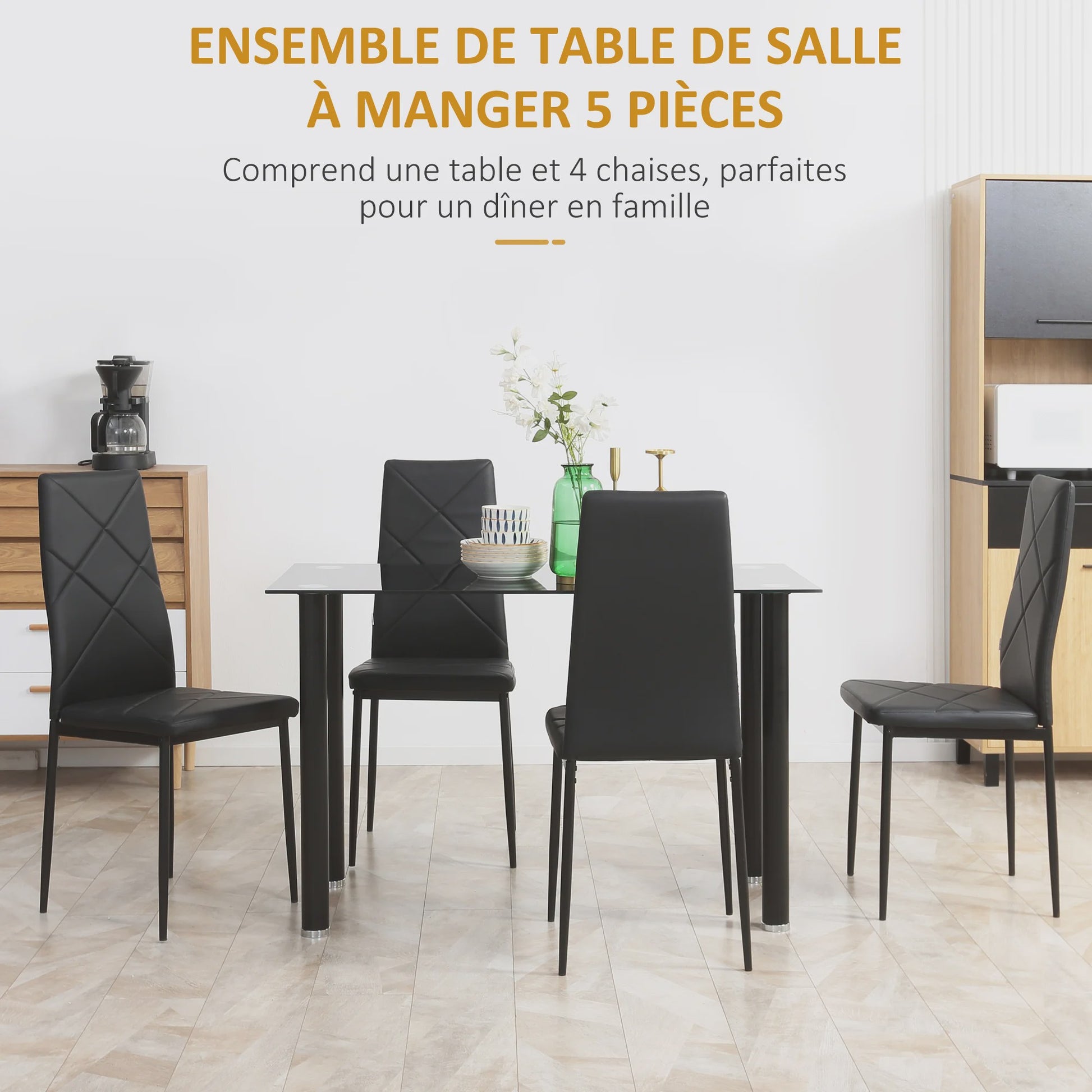 Eetkamer Set: Glazen Eettafel met 4 Zwarte Stoelen - Modern Design