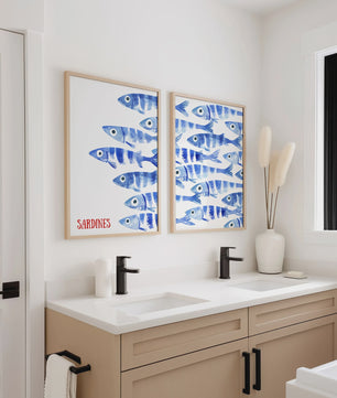Retro Blauwe Sardine Canvas Poster - Mediterrane Stijl Wanddecoratie