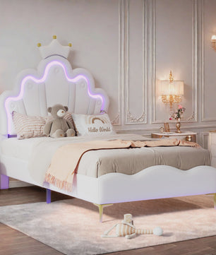 Prinsessen Hemelbed Wit 90x200cm met LED Verlichting & Kroon - Meisjesbed