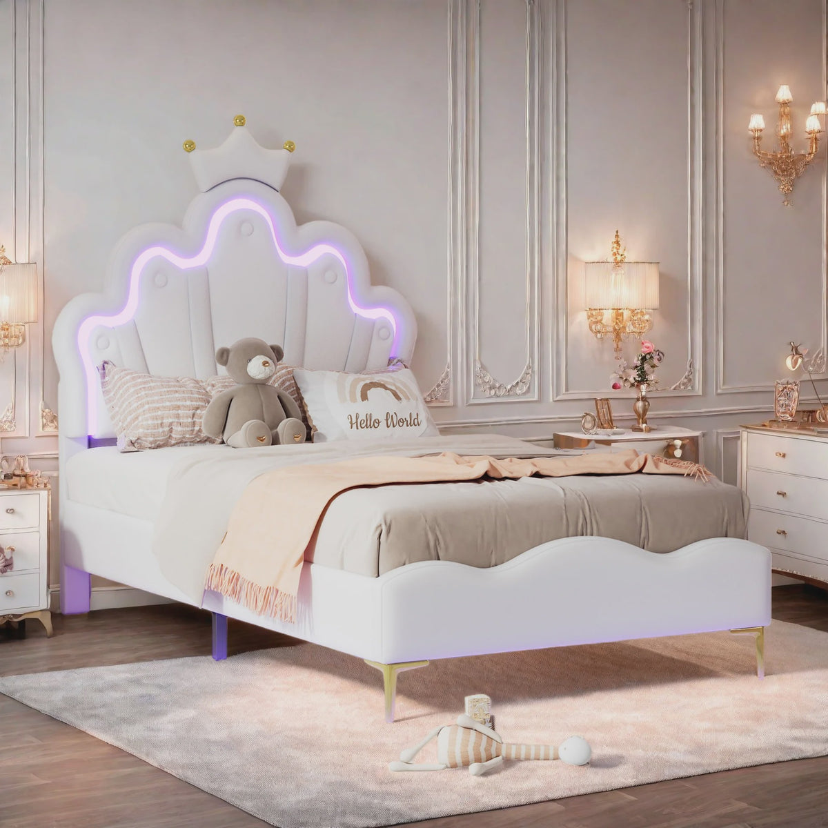 Prinsessen Hemelbed Wit 90x200cm met LED Verlichting & Kroon - Meisjesbed