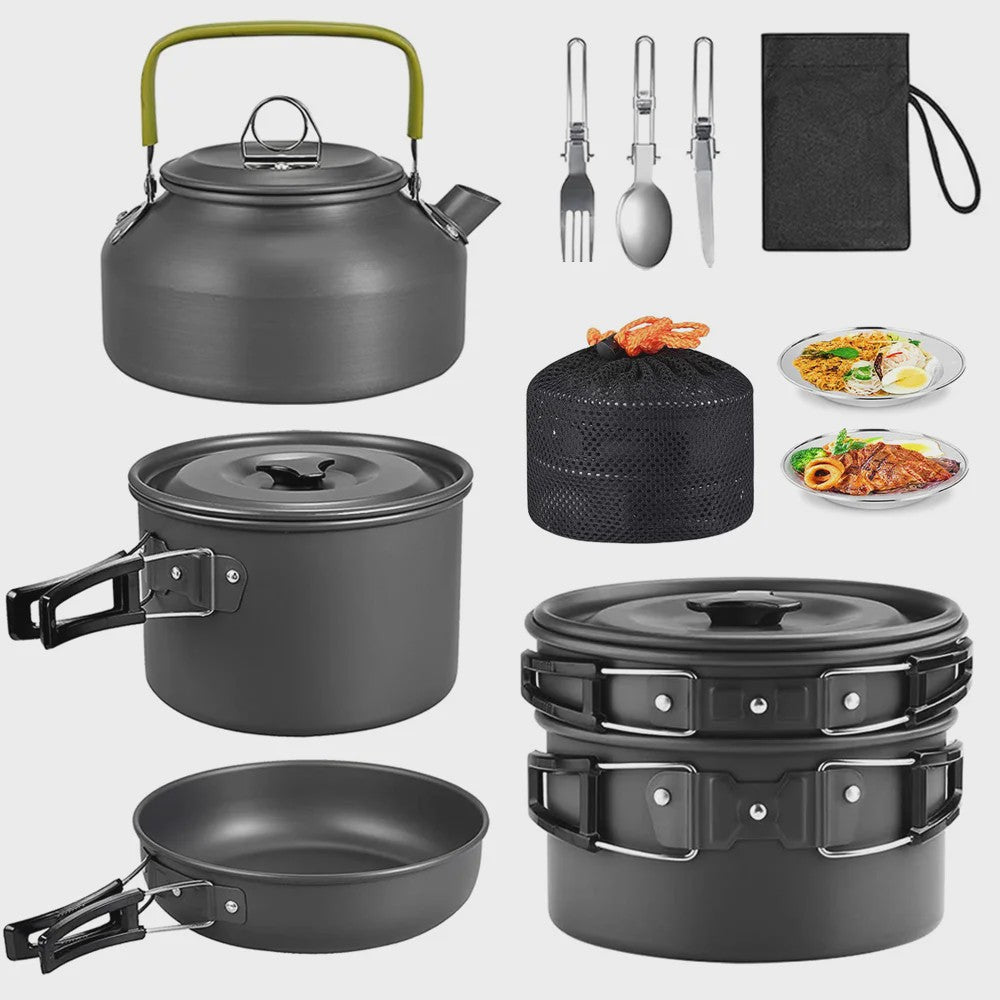9-delige Camping Kookset: Draagbare Pan, Pot en Ketel voor Outdoor Avonturen