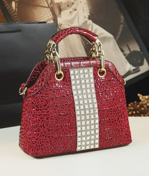 Luxe Lakleren Handtas met Krokodillenprint, Kant en Kristallen - Schoudertas