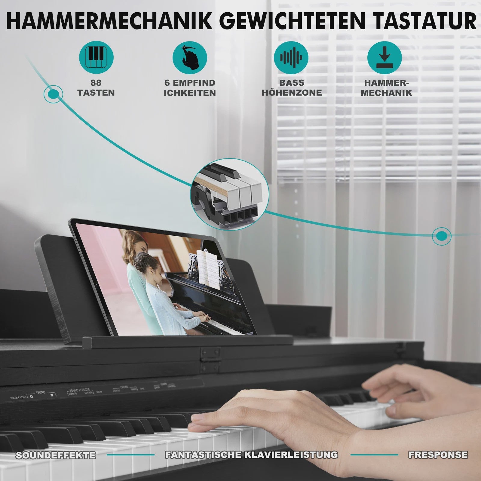 MUSTAR Digitale Piano 88 Toetsen met Hammer Mechaniek & 3 Pedalen - Zwart Houtoptiek