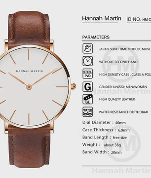 Hannah Martin Herenhorloge - Japan Quartz, Waterdicht, Bruin Leer & Zilverkleurig