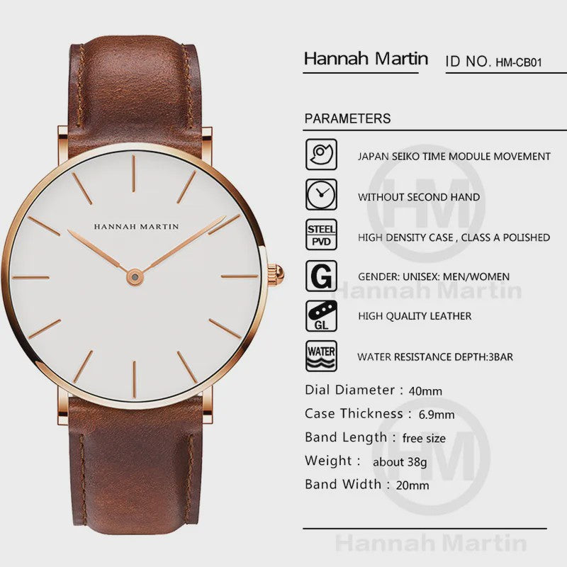 Hannah Martin Herenhorloge - Japan Quartz, Waterdicht, Bruin Leer & Zilverkleurig