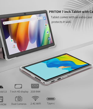 Pritom 7 Inch Tablet PC met Android 13, 4GB RAM, 32GB ROM en Lederen Hoes