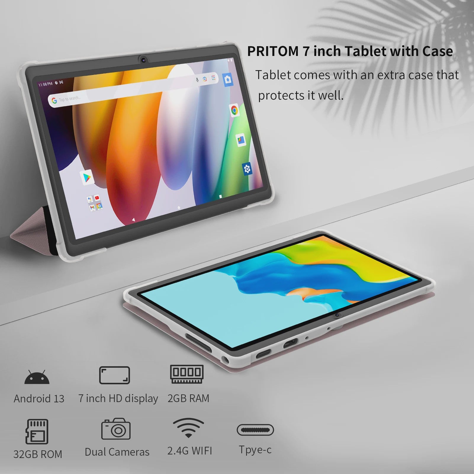 Pritom 7 Inch Tablet PC met Android 13, 4GB RAM, 32GB ROM en Lederen Hoes