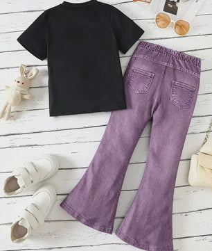 Zomerse Outfit Meisjes: Zwarte Top met Smiley Print & Paarse Flared Broek met Tekst - 2-delige Set