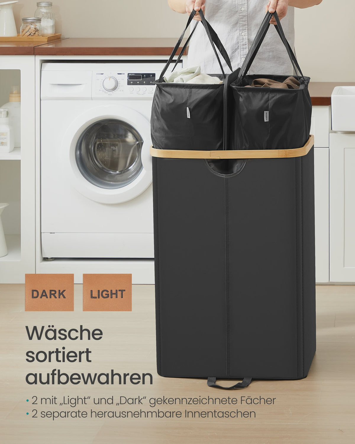 Songmics Wasmand met 2 Vakken, Afneembare Zakken en Deksel - 150L