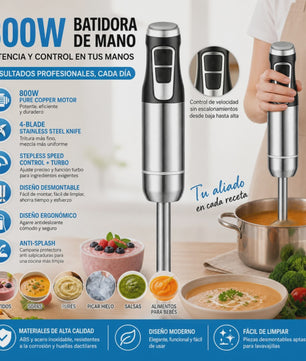 800W Staafmixer met Koperen Motor, 4-Blads Mes, Variabele Snelheid & Turbo