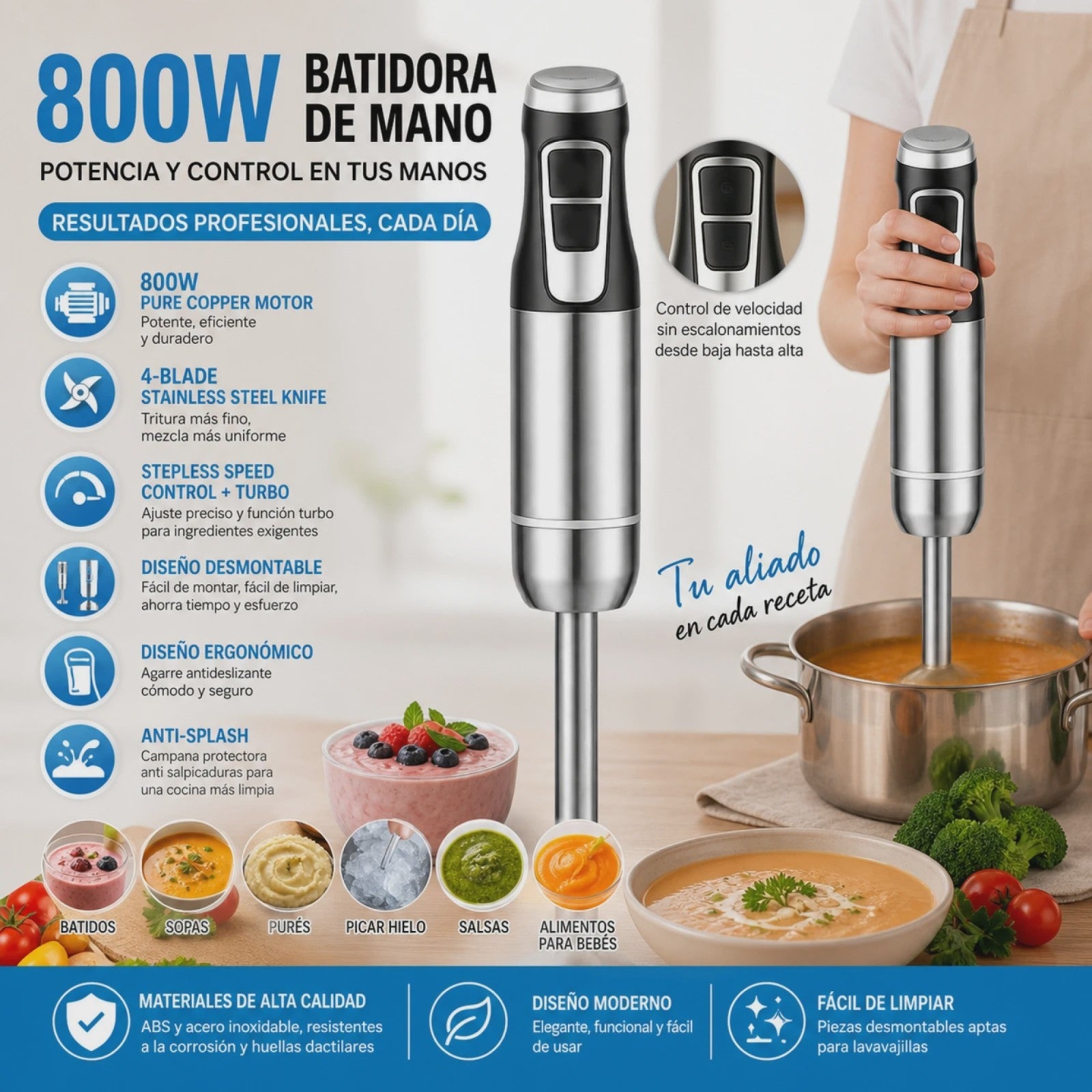 800W Staafmixer met Koperen Motor, 4-Blads Mes, Variabele Snelheid & Turbo