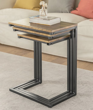 Set van 3 Nesting bijzettafels met Houten Blad en Zwart Metaal Frame