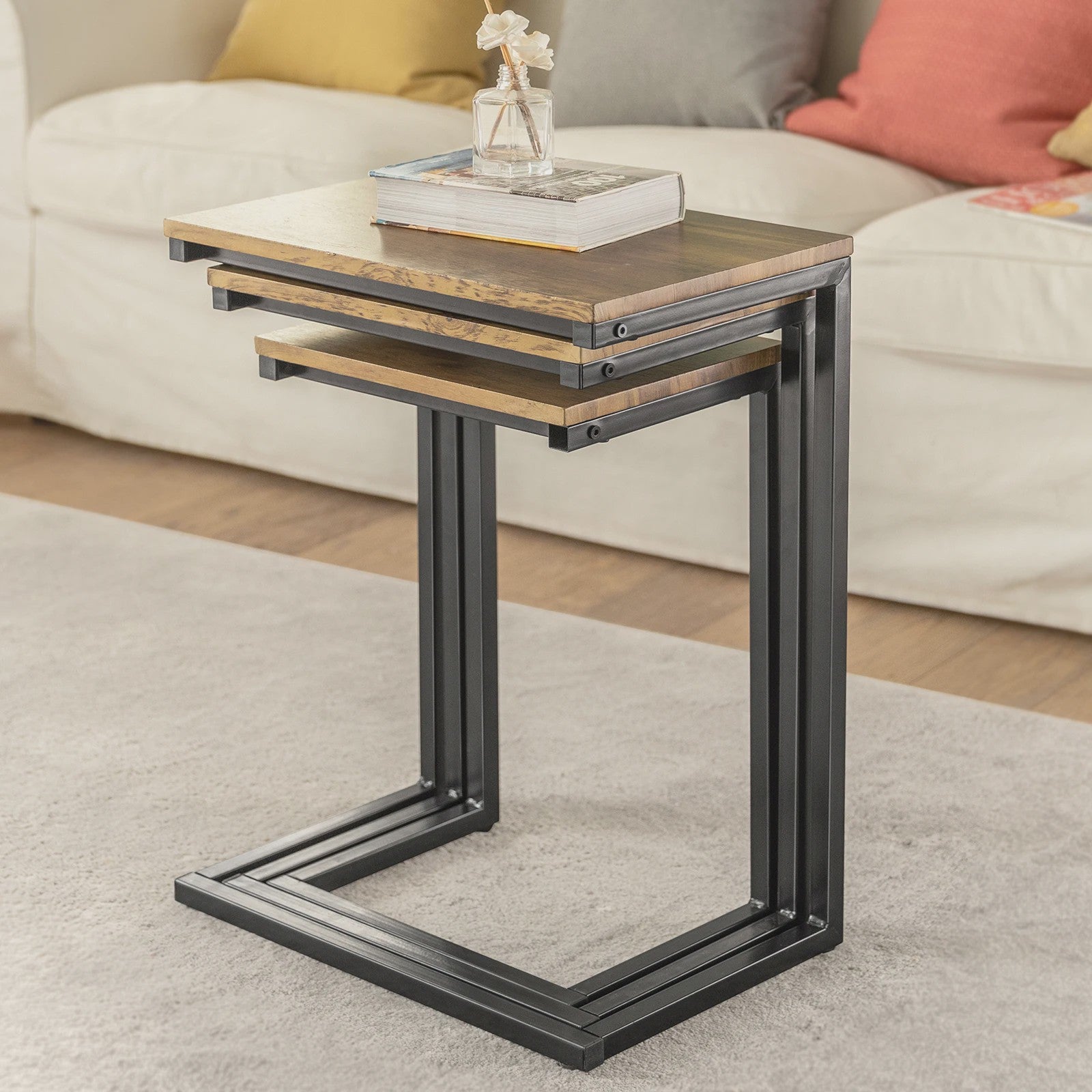 Set van 3 Nesting bijzettafels met Houten Blad en Zwart Metaal Frame