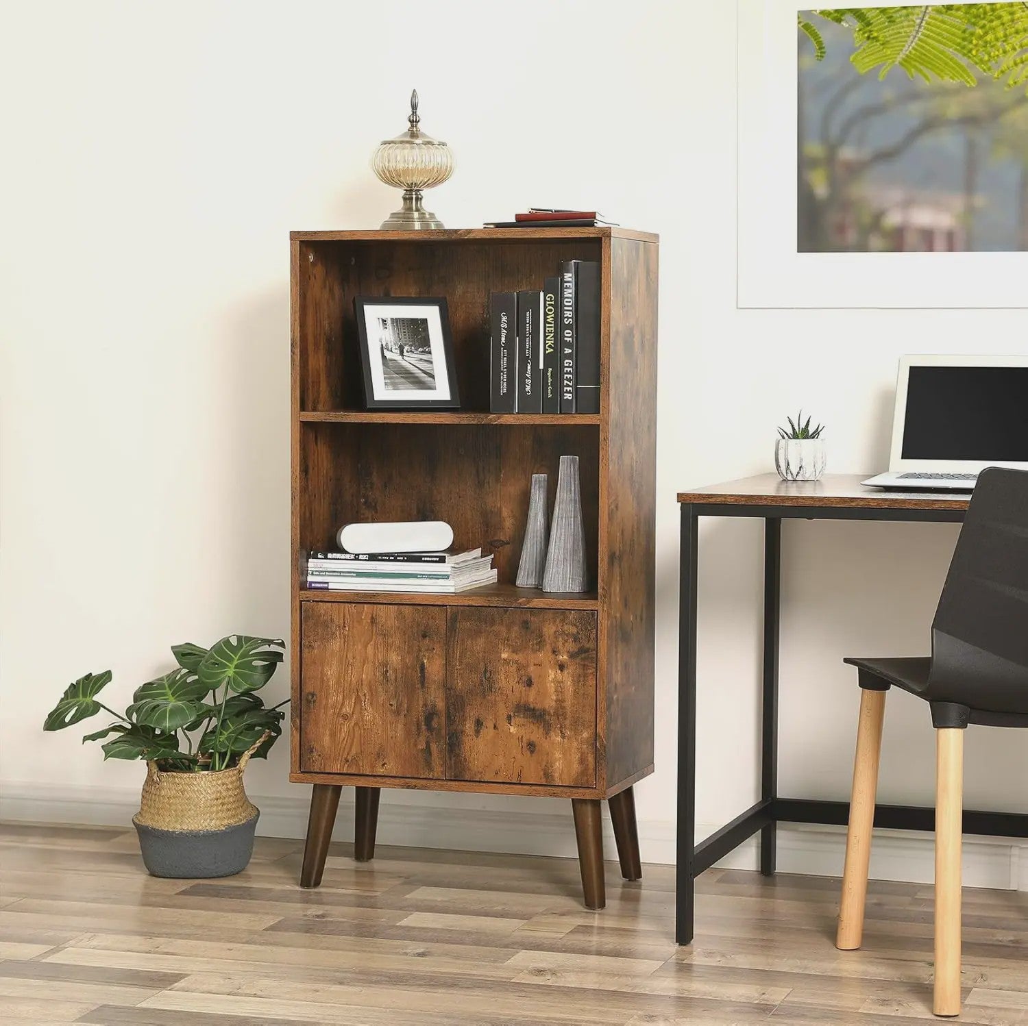 Rustieke Boekenkast met Deuren - 3 Niveaus - Vintage Design