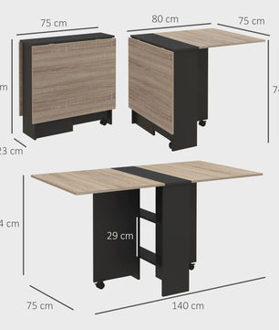 Homcom Multifunctionele Klaptafel met Uitklapbare Bladen - 140x75x74 cm - Naturel/Zwart