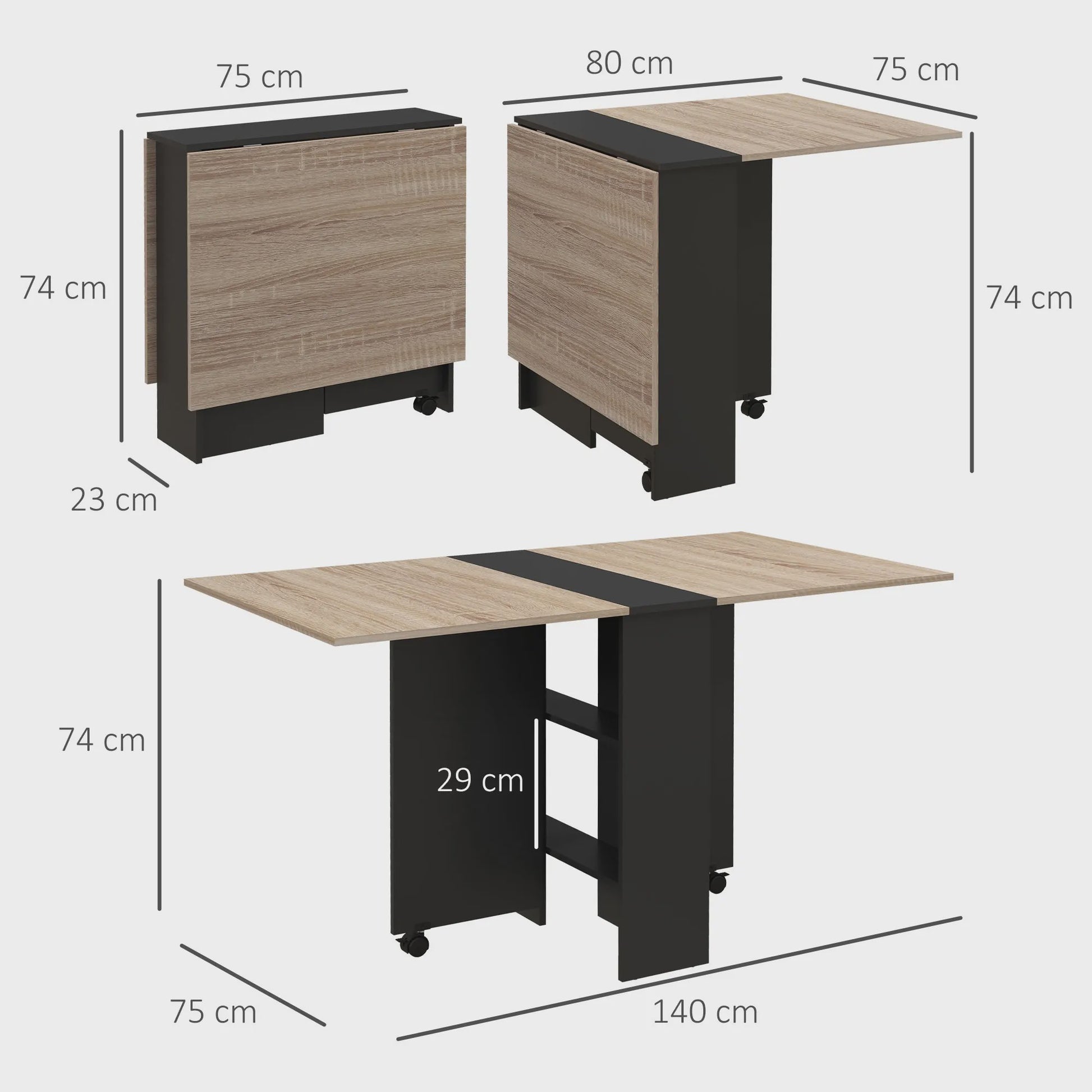 Homcom Multifunctionele Klaptafel met Uitklapbare Bladen - 140x75x74 cm - Naturel/Zwart