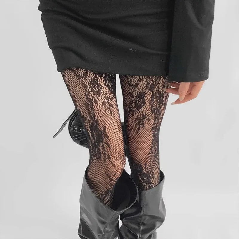 Luxe Kant & Mesh Pantyhose met Bloemendessin - Sexy & Modieus