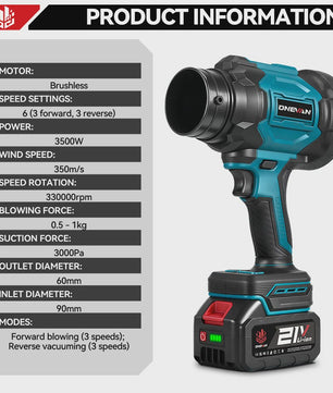 Krachtige 2-in-1 Accu Bladblazer & Zuiger - 3500W, 350m/s, Borstelloos, Makita 18V Compatibel