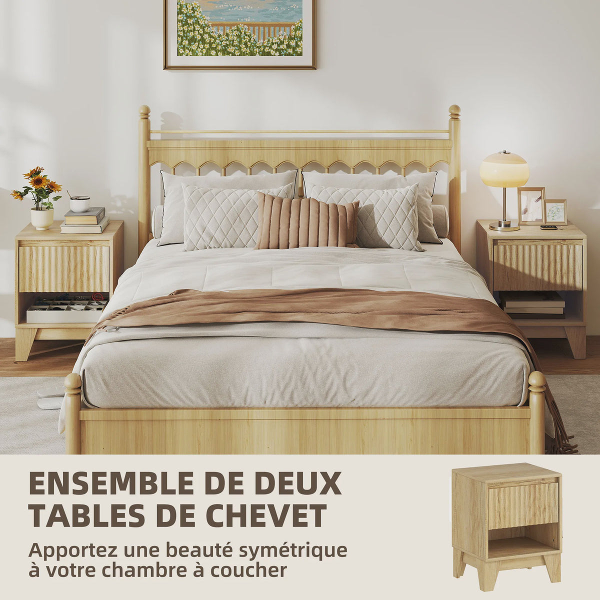 Set van 2 Smalle Nachtkastjes met Lade en Open Vak - Natuurlijk Hout-look met Gegroefde Panelen
