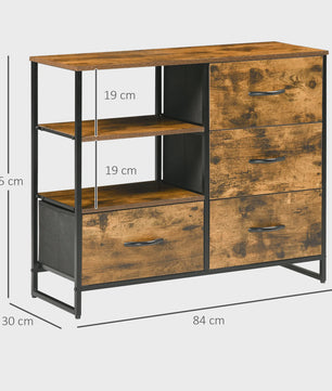 Industriële Ladekast met 4 Stoffen Lades en 2 Open Vakken - 84x30x71,5 cm
